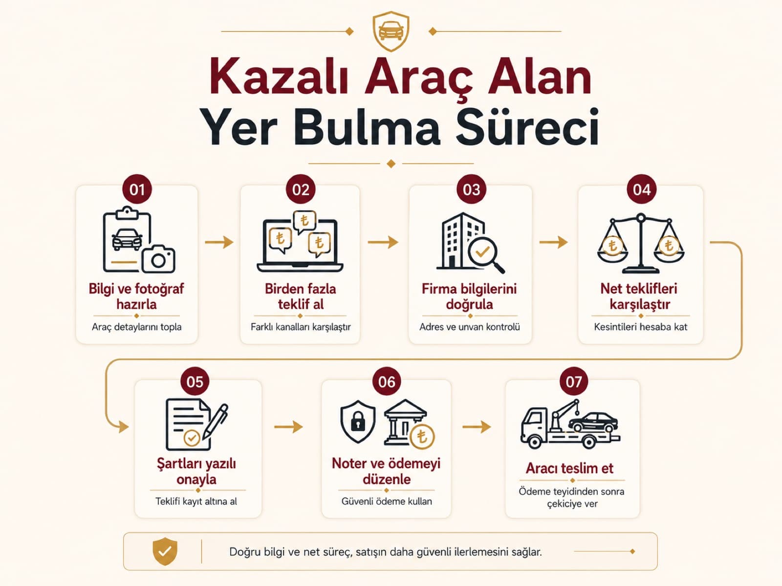 Kazalı araç alan yer bulma süreci: bilgi ve fotoğraf hazırlama, teklif toplama, firma doğrulama, net teklif karşılaştırma, yazılı onay, noter ve güvenli ödeme, aracın teslimi