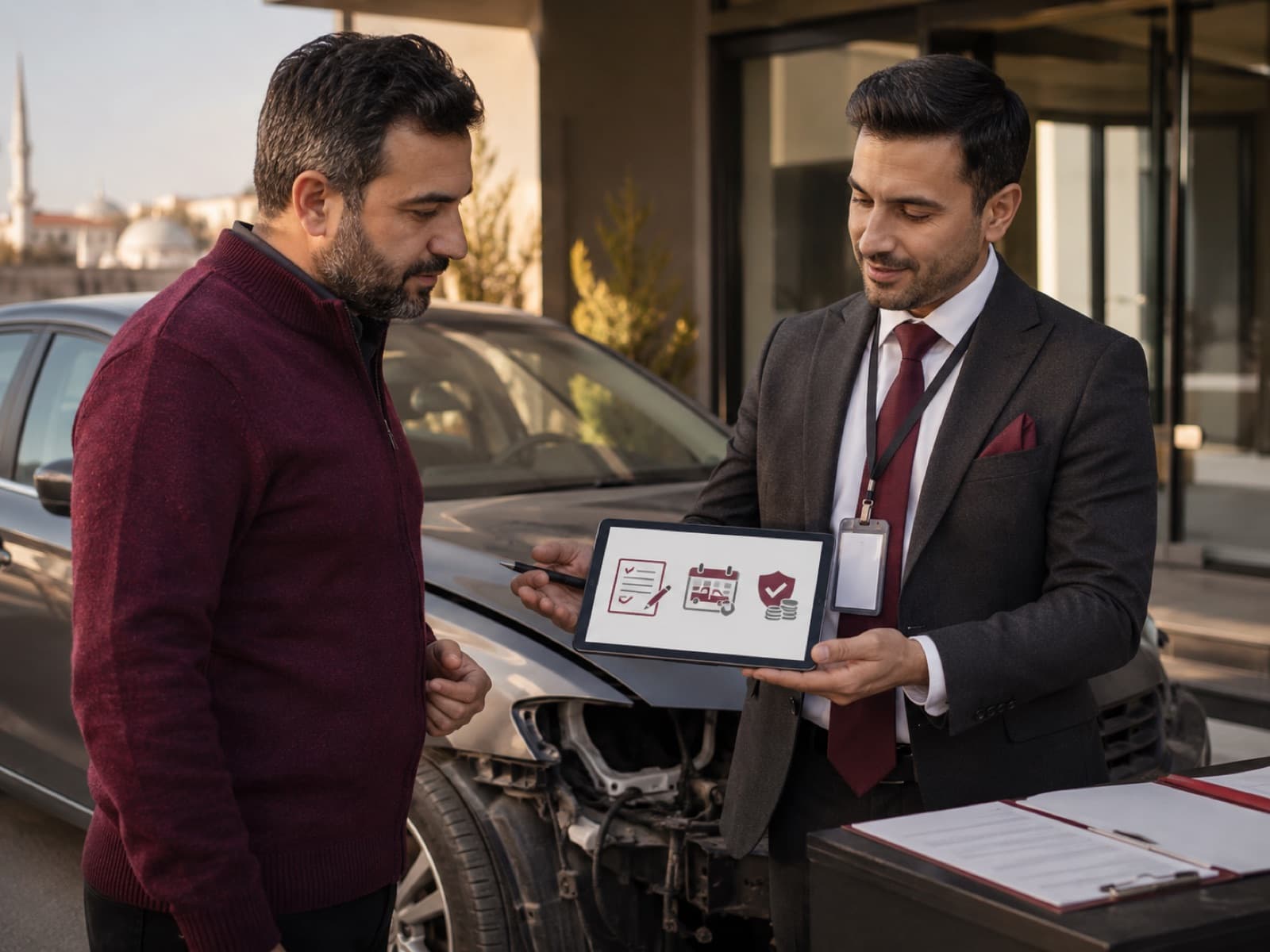 Güvenilir kazalı araç alım firması temsilcisinin araç sahibine süreci şeffaf şekilde anlatması