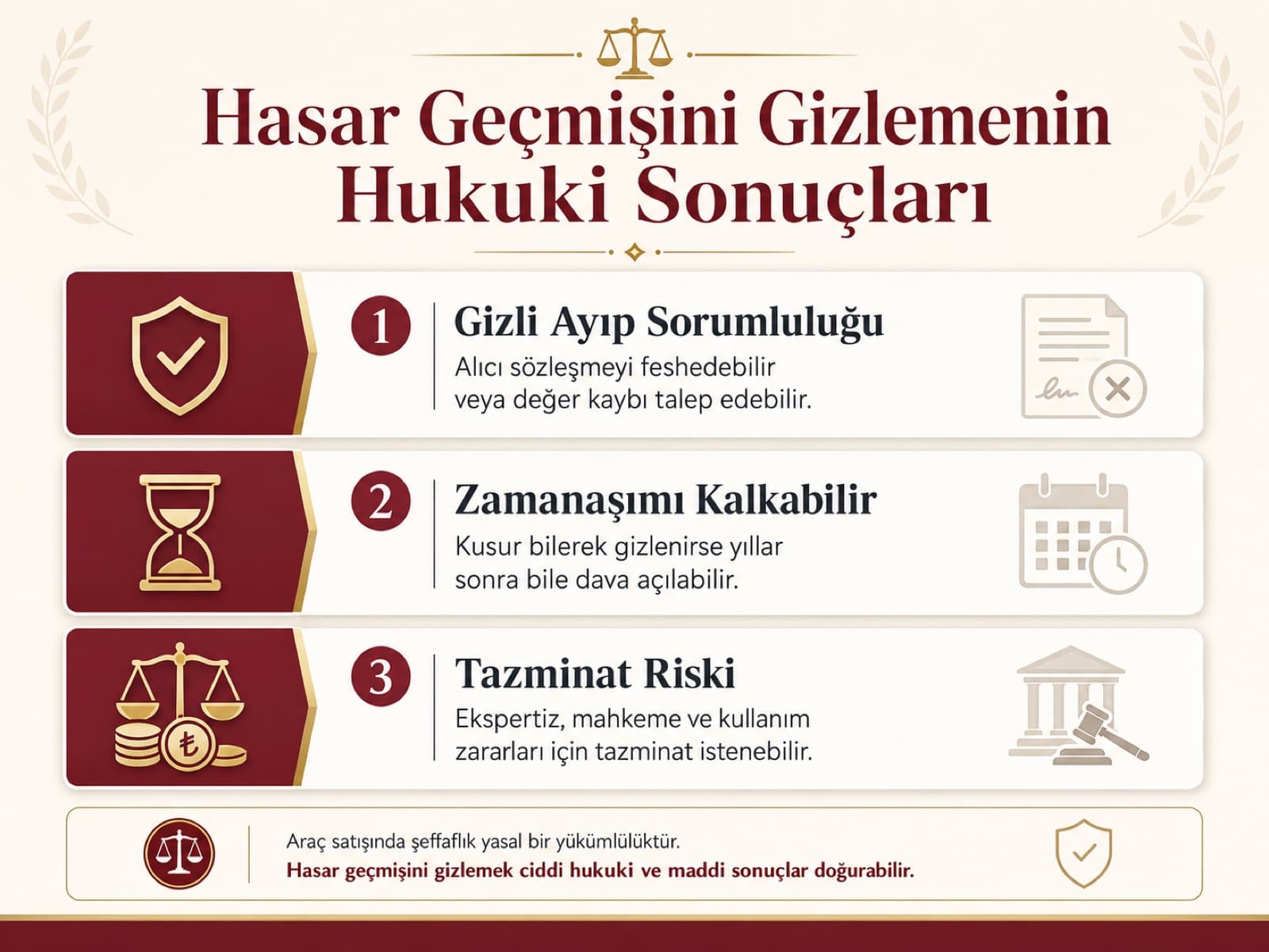 Hasar geçmişini gizlemenin hukuki sonuçları infografiği: gizli ayıp sorumluluğu, zamanaşımının kalkması ve tazminat riski