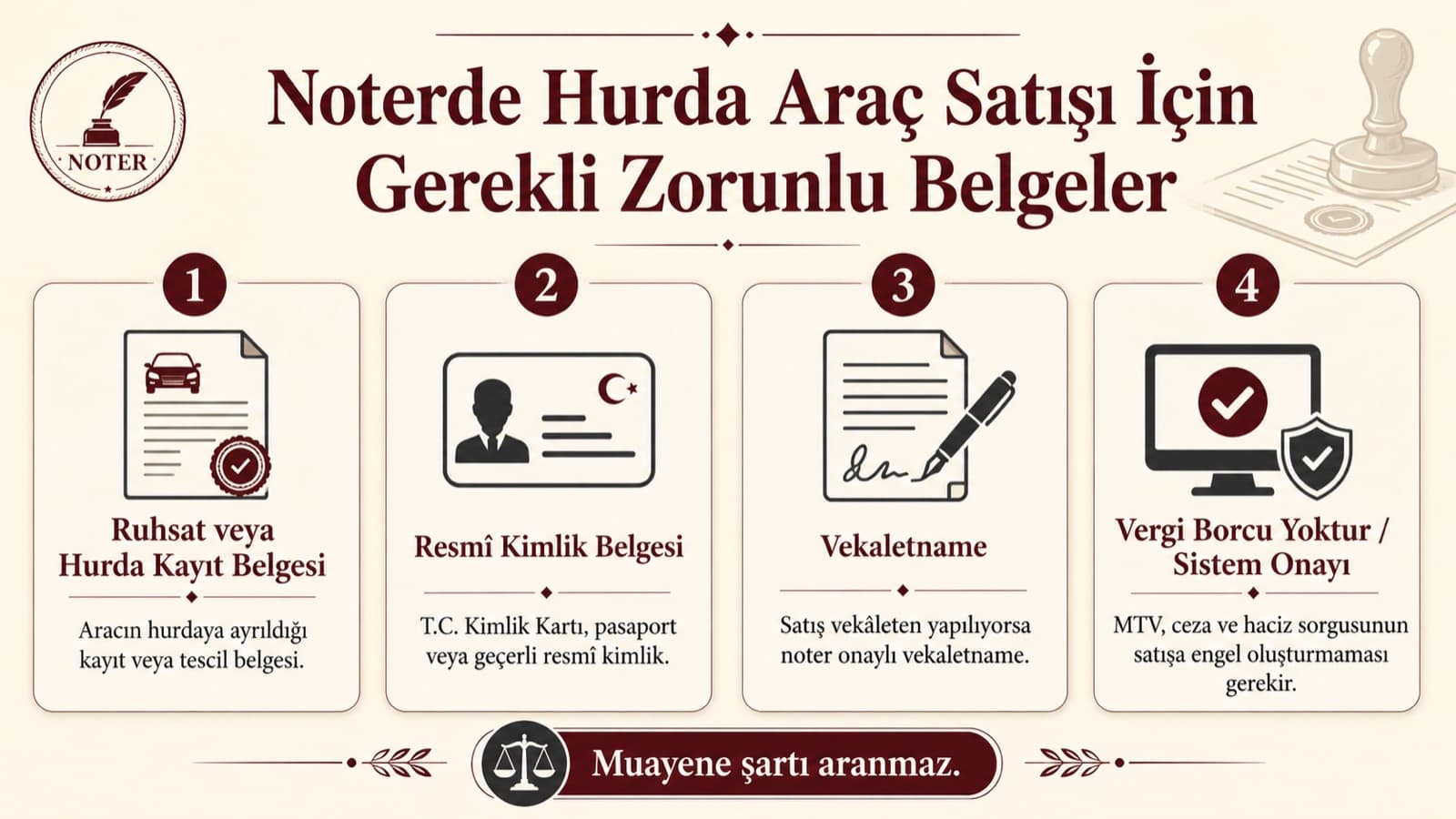 Noterde hurda araç satışı için gerekli zorunlu belgeler: ruhsat veya hurda kayıt belgesi, resmî kimlik belgesi, vekaletname ve vergi borcu yoktur onayı