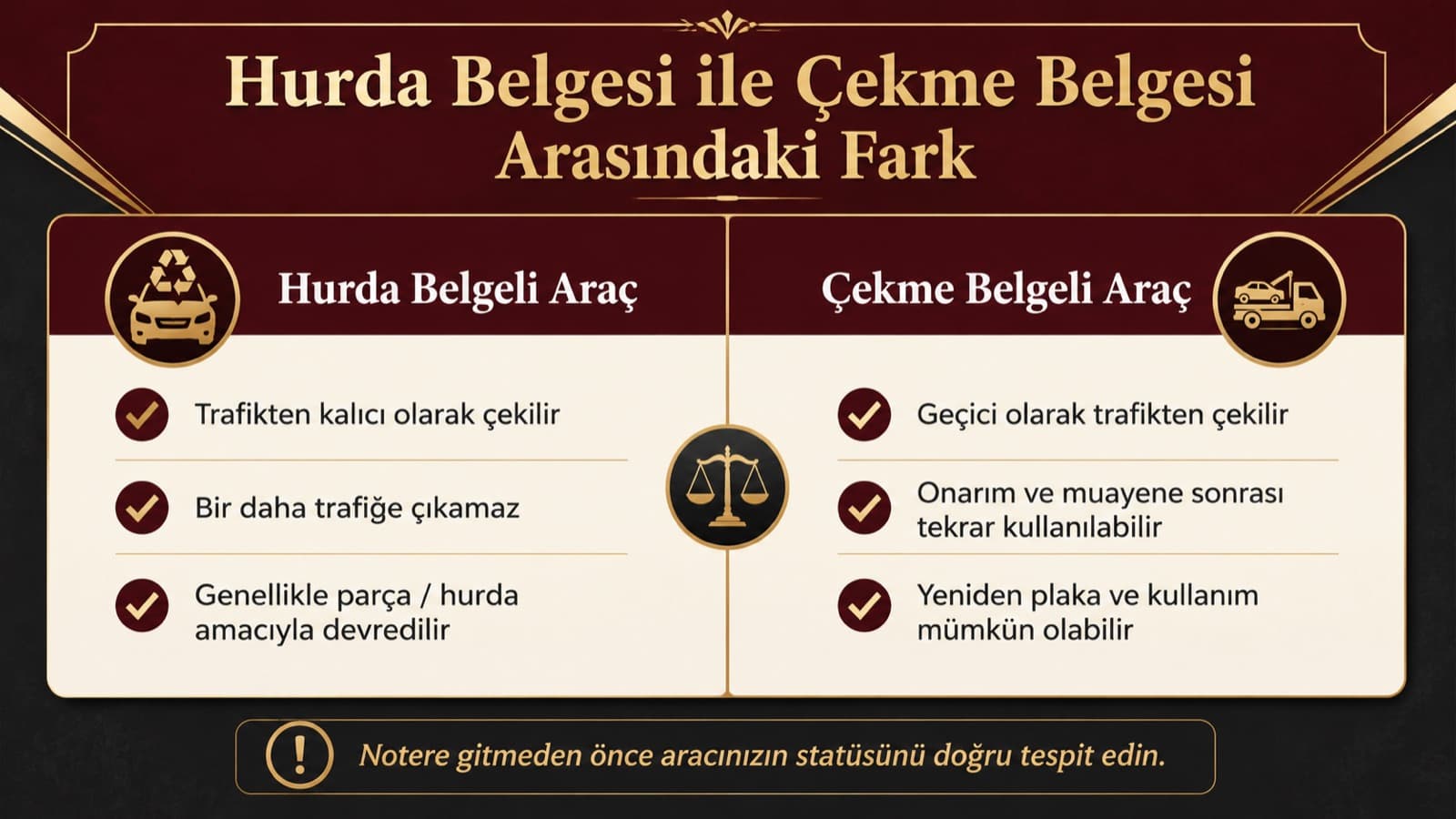 Hurda belgesi ile çekme belgesi arasındaki fark: hurda belgeli araç trafikten kalıcı çekilir, çekme belgeli araç onarım ve muayene sonrası tekrar kullanılabilir