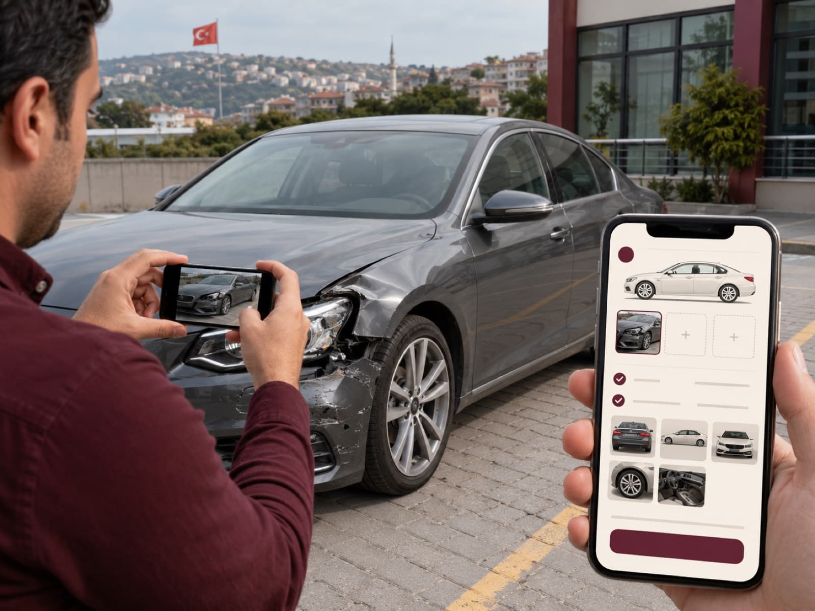Kazalı aracın hasarlı bölgesinin telefonla fotoğraflanması ve teklif uygulamasına yüklenmesi