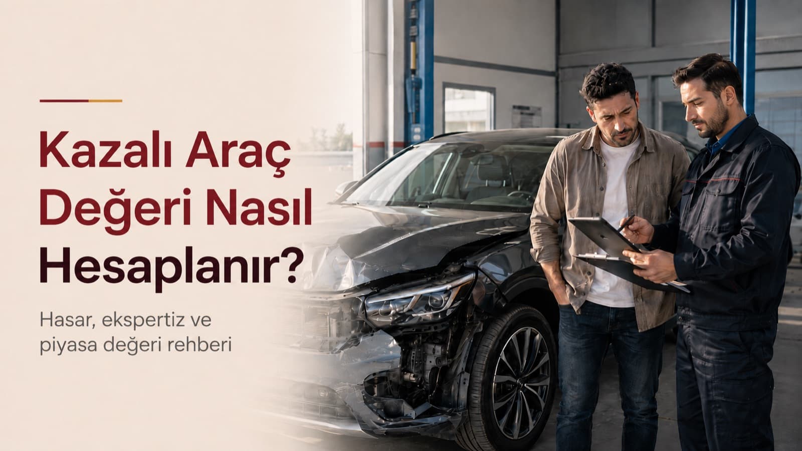 Kazalı araç değeri nasıl hesaplanır? — serviste hasarlı aracın başında değerlendirme yapan uzman ve araç sahibi