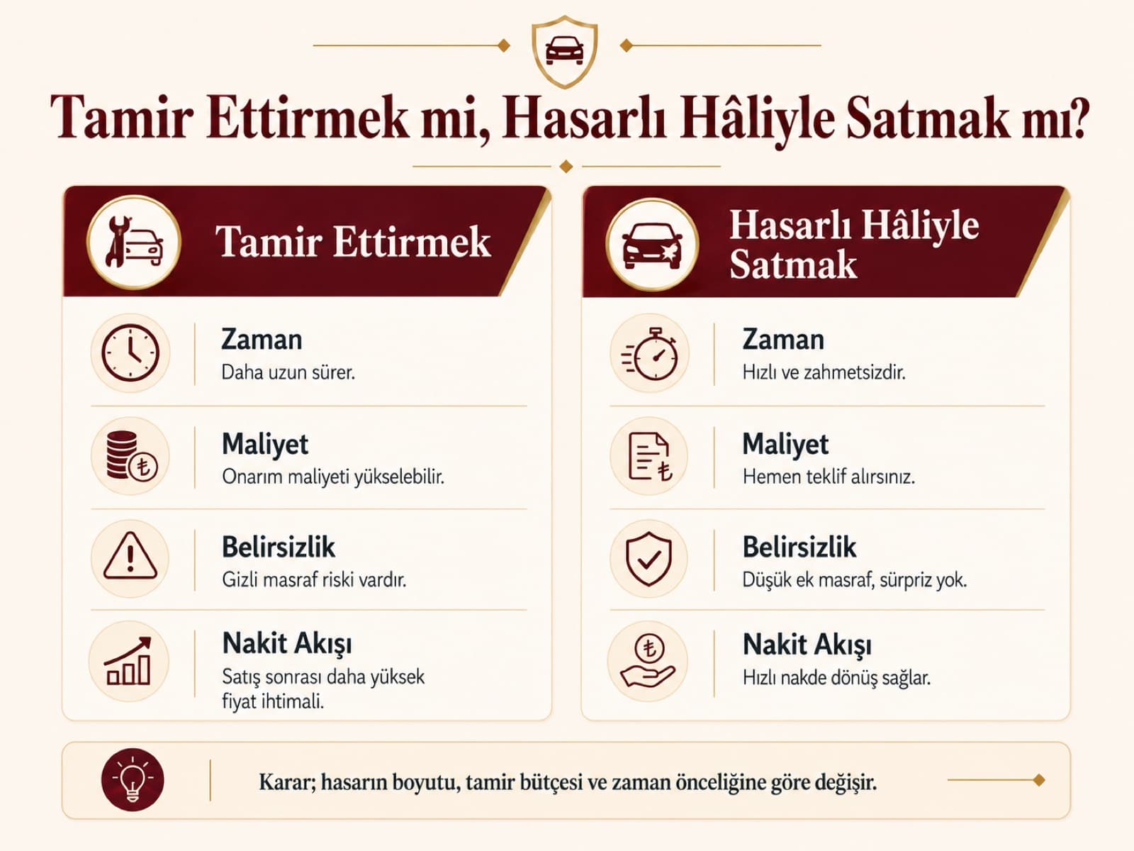 Tamir ettirmek mi, hasarlı hâliyle satmak mı? Zaman, maliyet, belirsizlik ve nakit akışı karşılaştırması