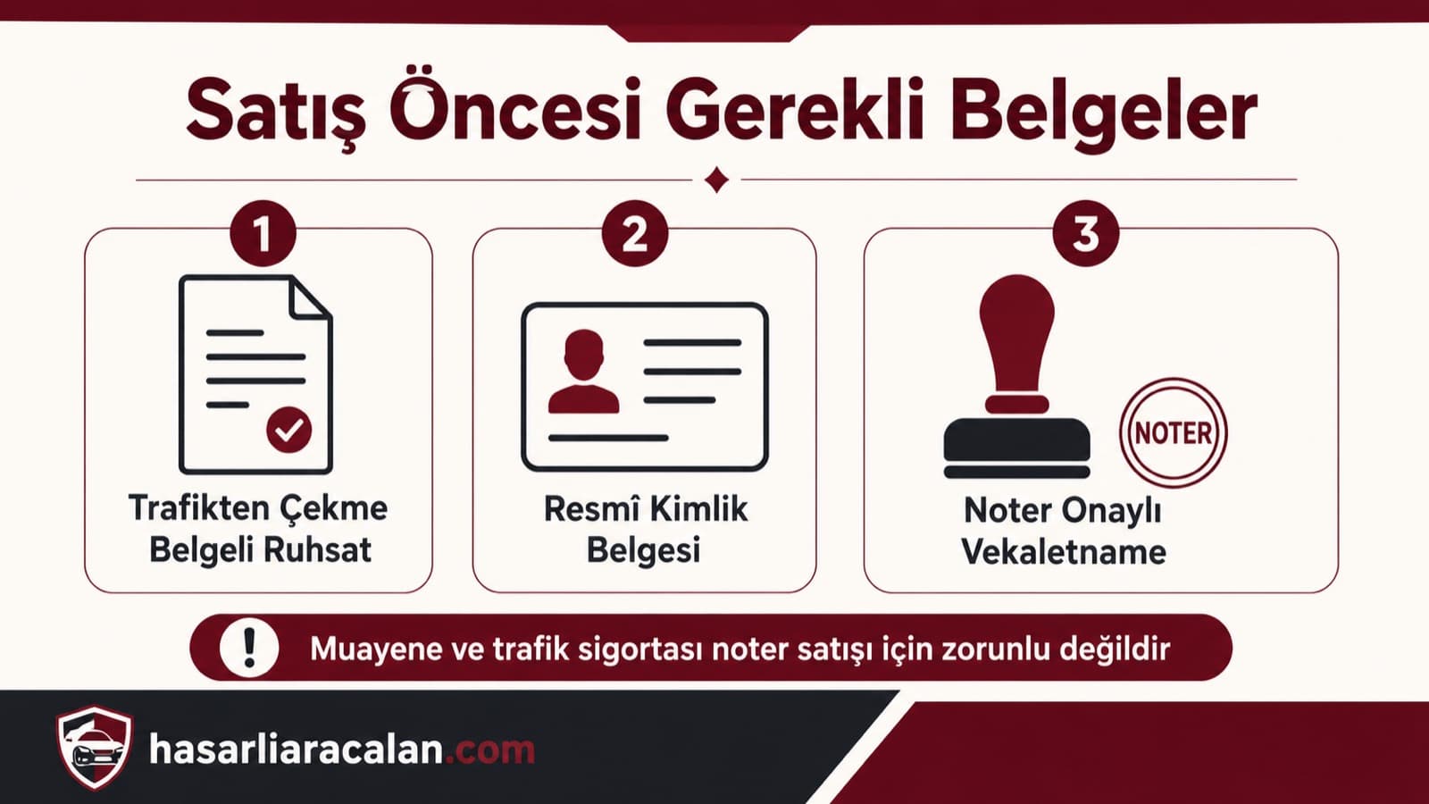 Çekme belgeli araç satışı öncesi gerekli belgeler: trafikten çekme belgeli ruhsat, resmî kimlik belgesi, noter onaylı vekaletname