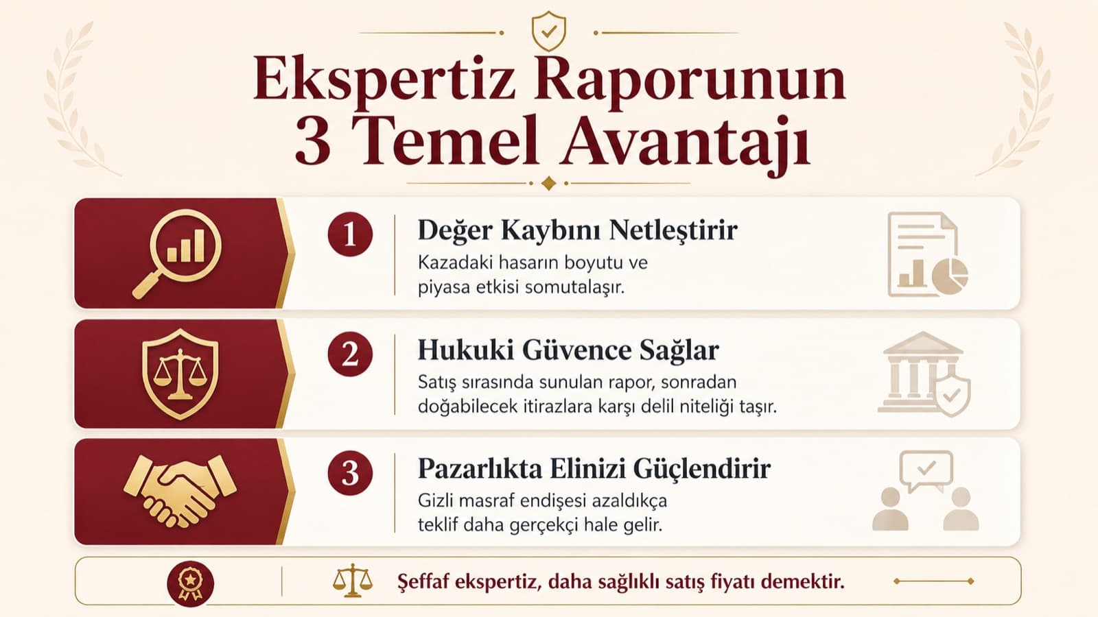 Ekspertiz raporunun üç temel avantajı: değer kaybını netleştirir, hukuki güvence sağlar, pazarlıkta elinizi güçlendirir