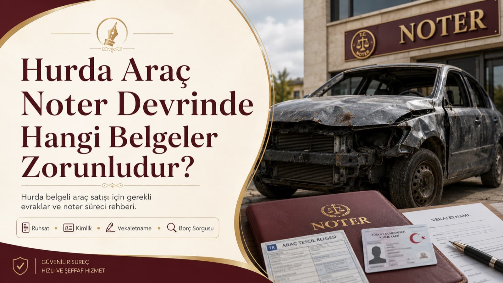Hurda araç noter devrinde hangi belgeler zorunludur? — noter binası önünde hurda araç ve satış evrakları