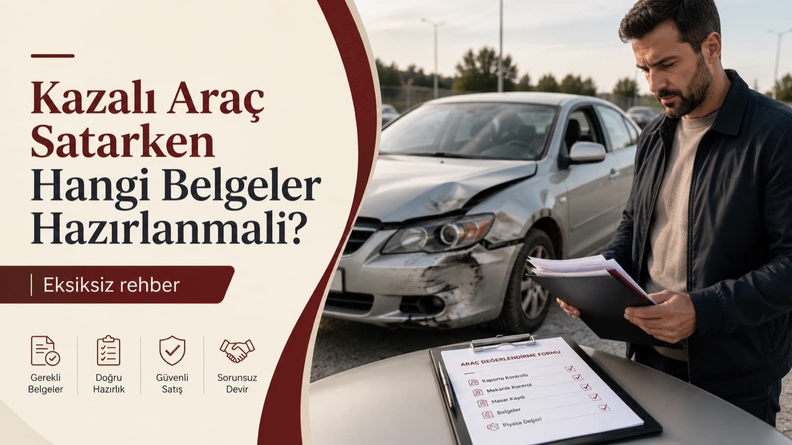 Kazalı araç satarken hangi belgeler hazırlanmalı? — belgeleri inceleyen araç sahibi ve önden hasarlı otomobil