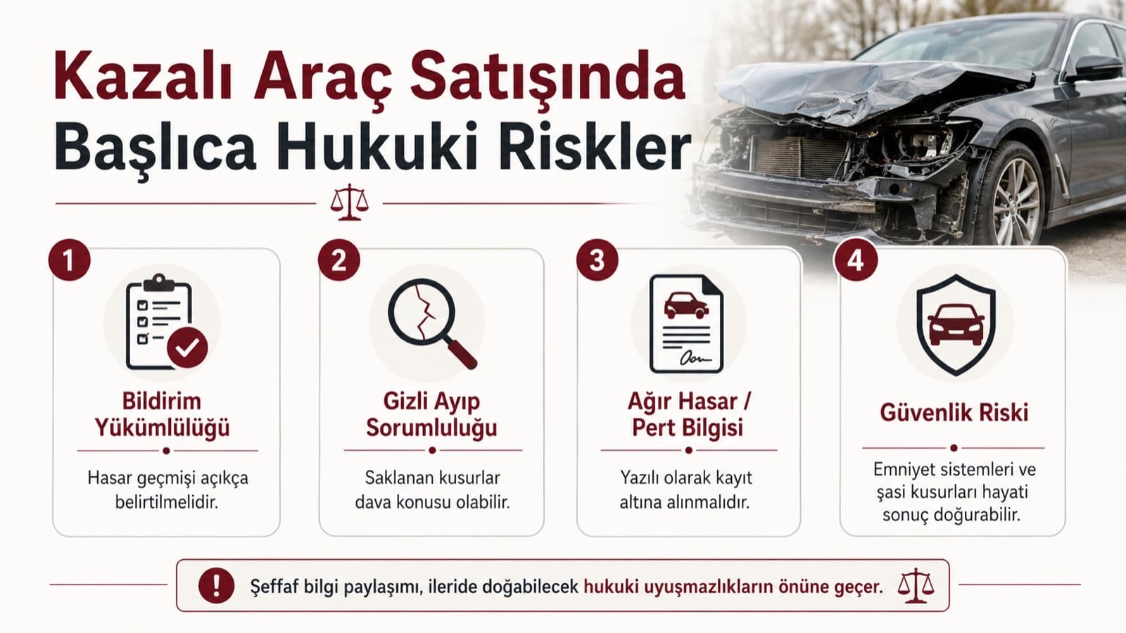 Kazalı araç satışında başlıca hukuki riskler: bildirim yükümlülüğü, gizli ayıp sorumluluğu, ağır hasar/pert bilgisi ve güvenlik riski