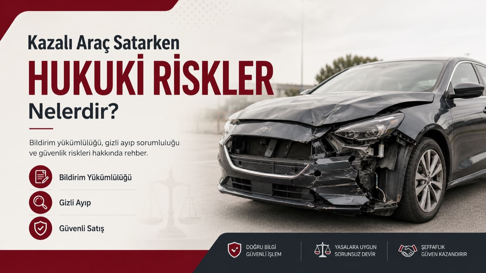 Kazalı araç satarken hukuki riskler nelerdir? — önden hasarlı siyah otomobil