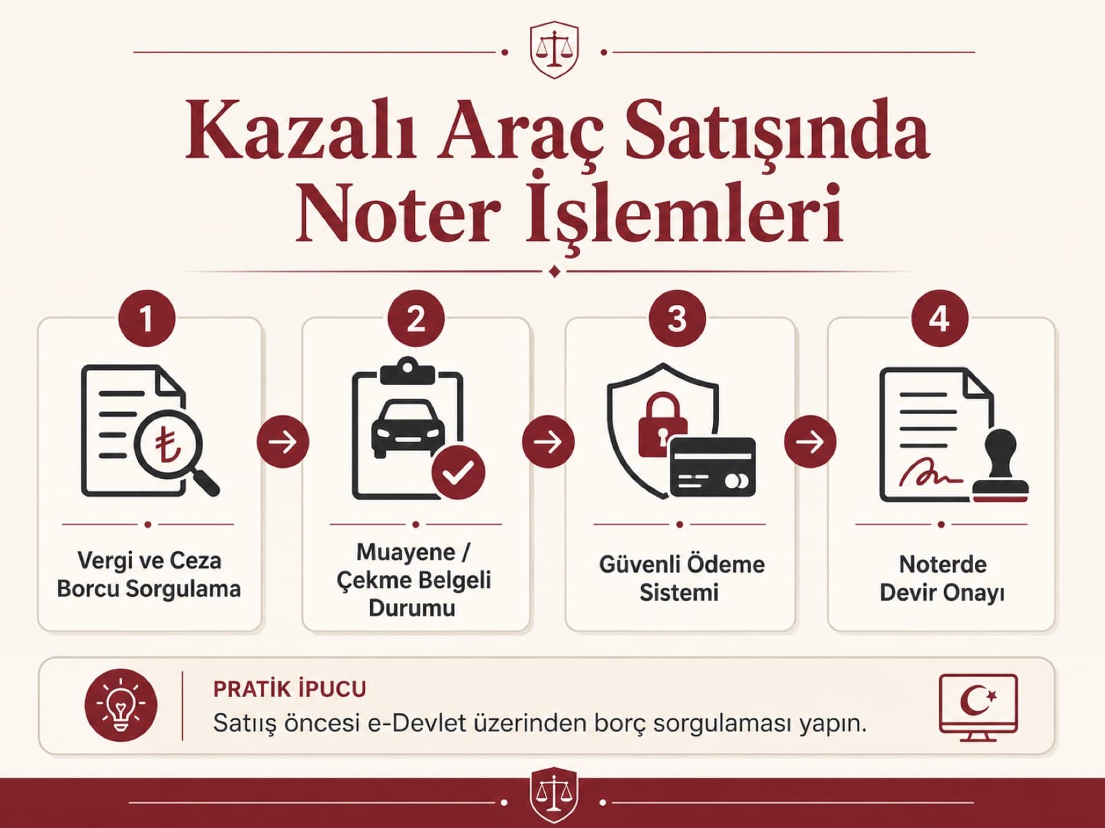Kazalı araç satışında noter işlemleri adımları: borç sorgulama, muayene durumu, güvenli ödeme sistemi ve noterde devir onayı