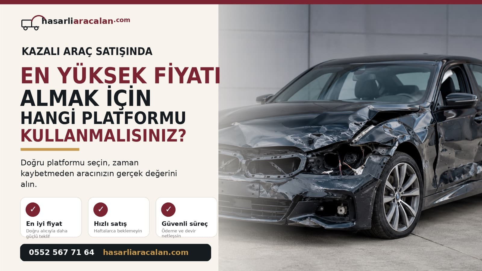 Kazalı araç satışında en yüksek fiyatı almak için hangi platformu kullanmalısınız? — önden hasarlı siyah otomobil
