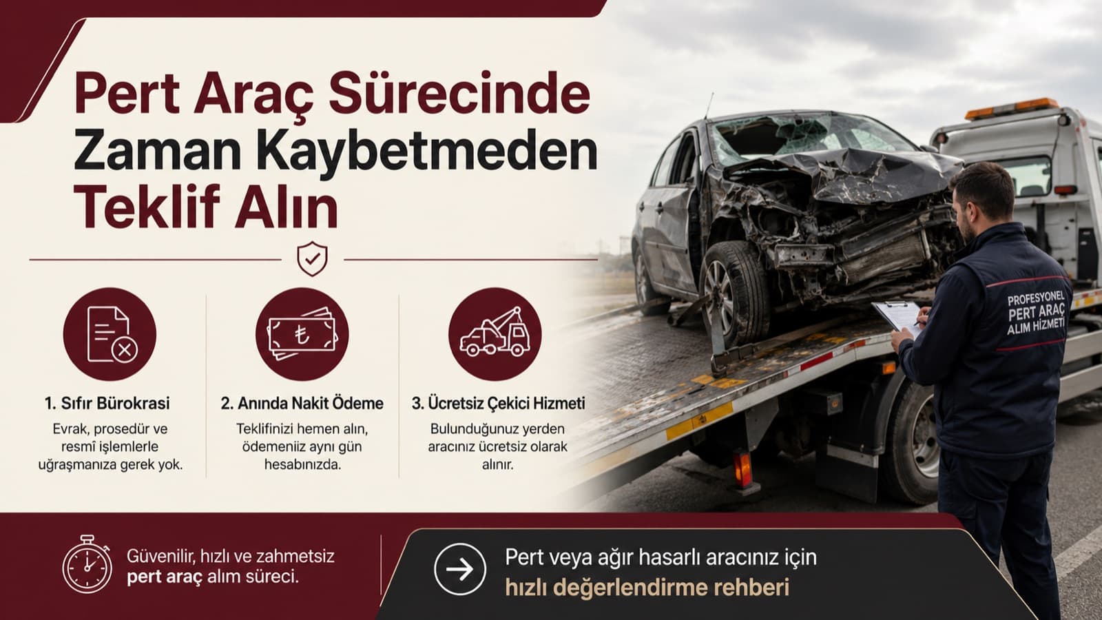 Pert araç sürecinde zaman kaybetmeden teklif alın: sıfır bürokrasi, hızlı ödeme, ücretsiz çekici hizmeti