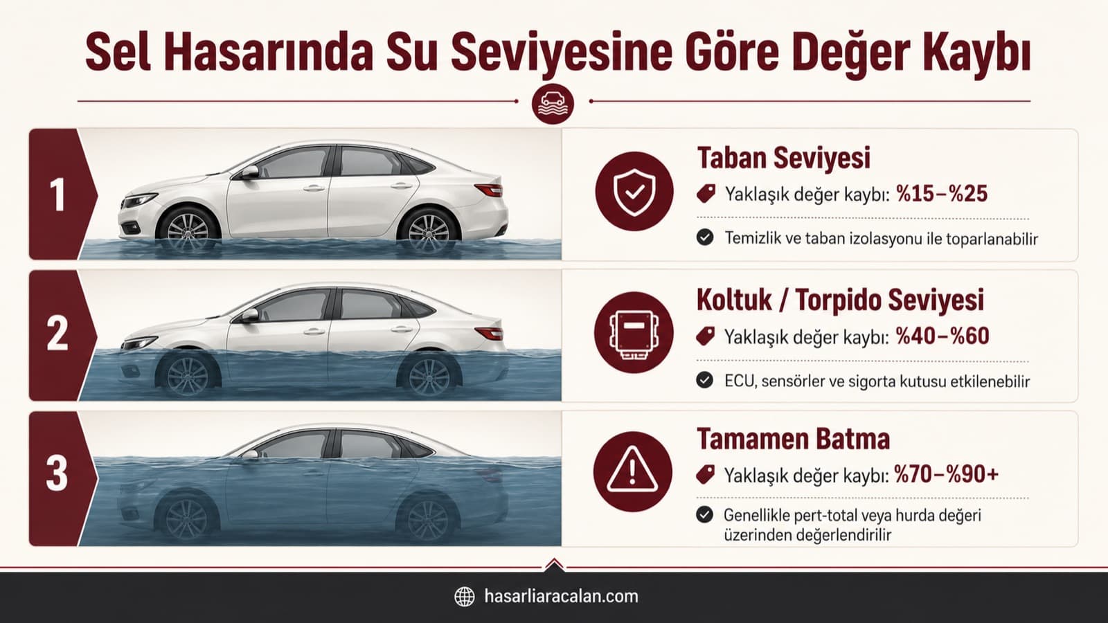 Sel hasarında su seviyesine göre değer kaybı: taban seviyesi %15-25, koltuk/torpido seviyesi %40-60, tamamen batma %70-90 ve üzeri