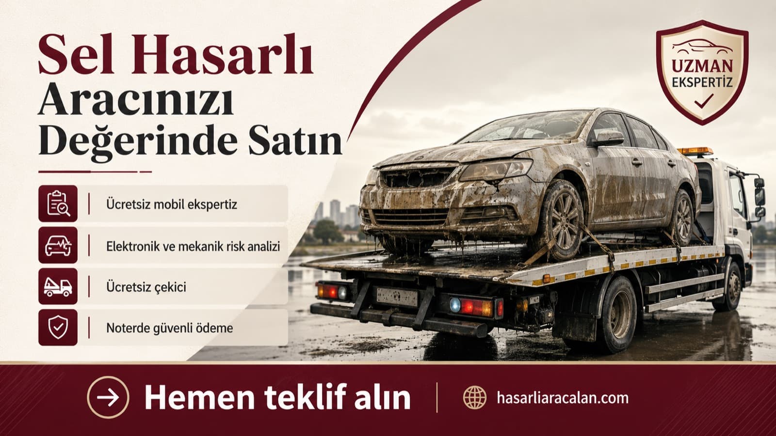 Sel hasarlı aracınızı değerinde satın: ücretsiz mobil ekspertiz, elektronik ve mekanik risk analizi, ücretsiz çekici, noterde güvenli ödeme