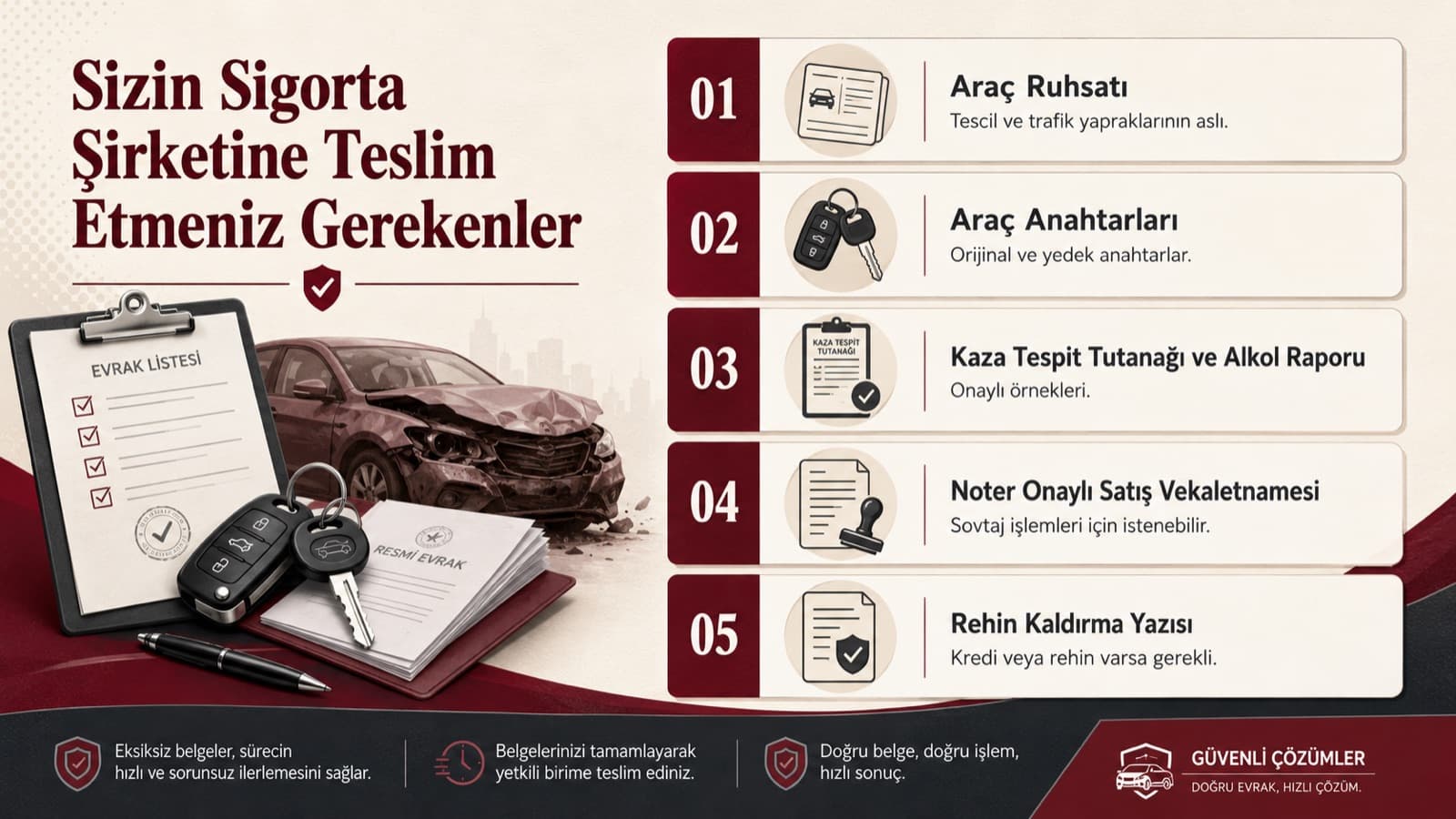 Sigorta şirketine teslim edilmesi gerekenler: araç ruhsatı, araç anahtarları, kaza tespit tutanağı ve alkol raporu, noter onaylı satış vekaletnamesi, rehin kaldırma yazısı