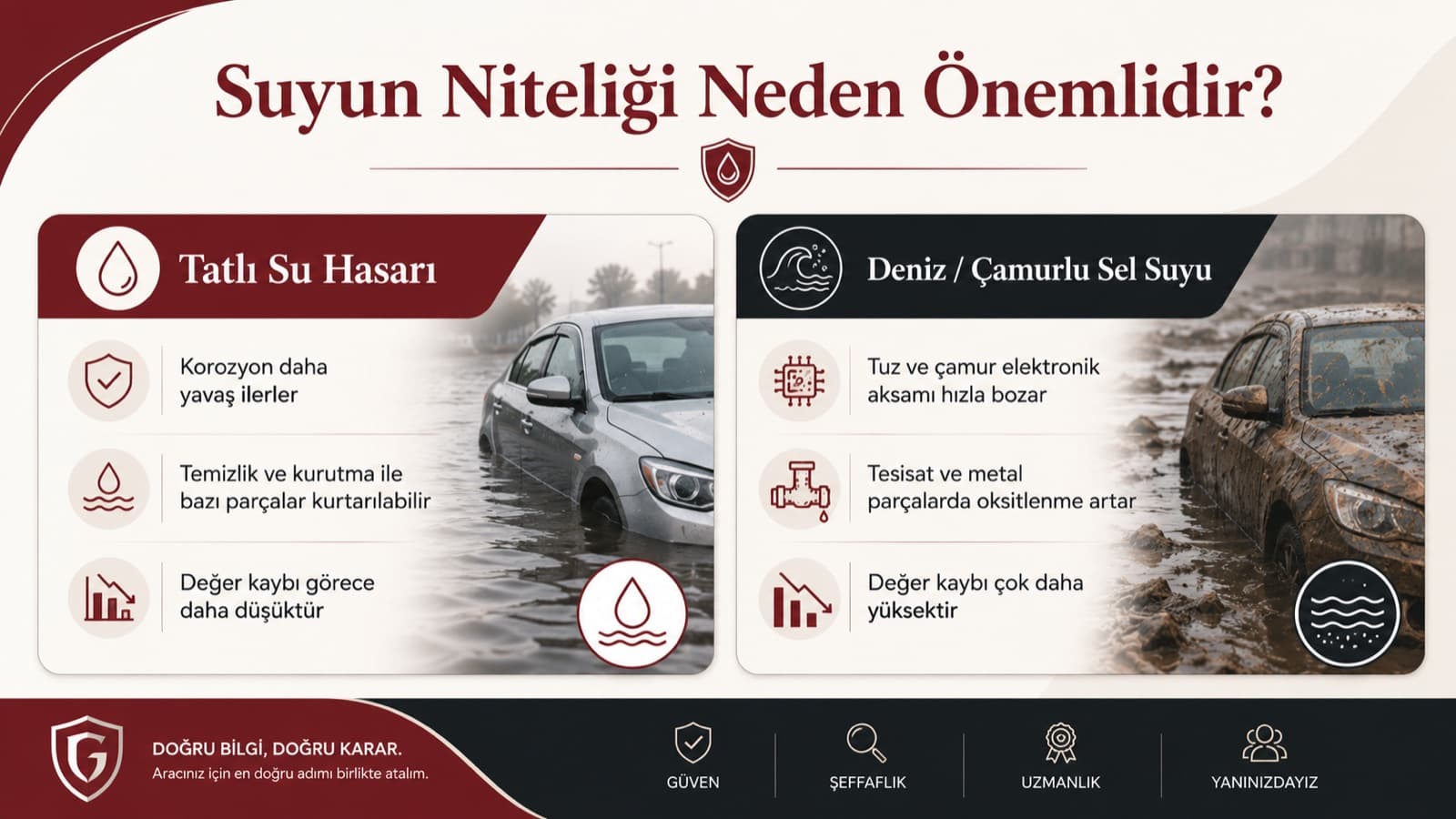 Suyun niteliği neden önemlidir? Tatlı su hasarında korozyon yavaş ilerler ve değer kaybı görece düşüktür; deniz veya çamurlu sel suyu elektronik aksamı hızla bozar ve değer kaybı çok daha yüksektir