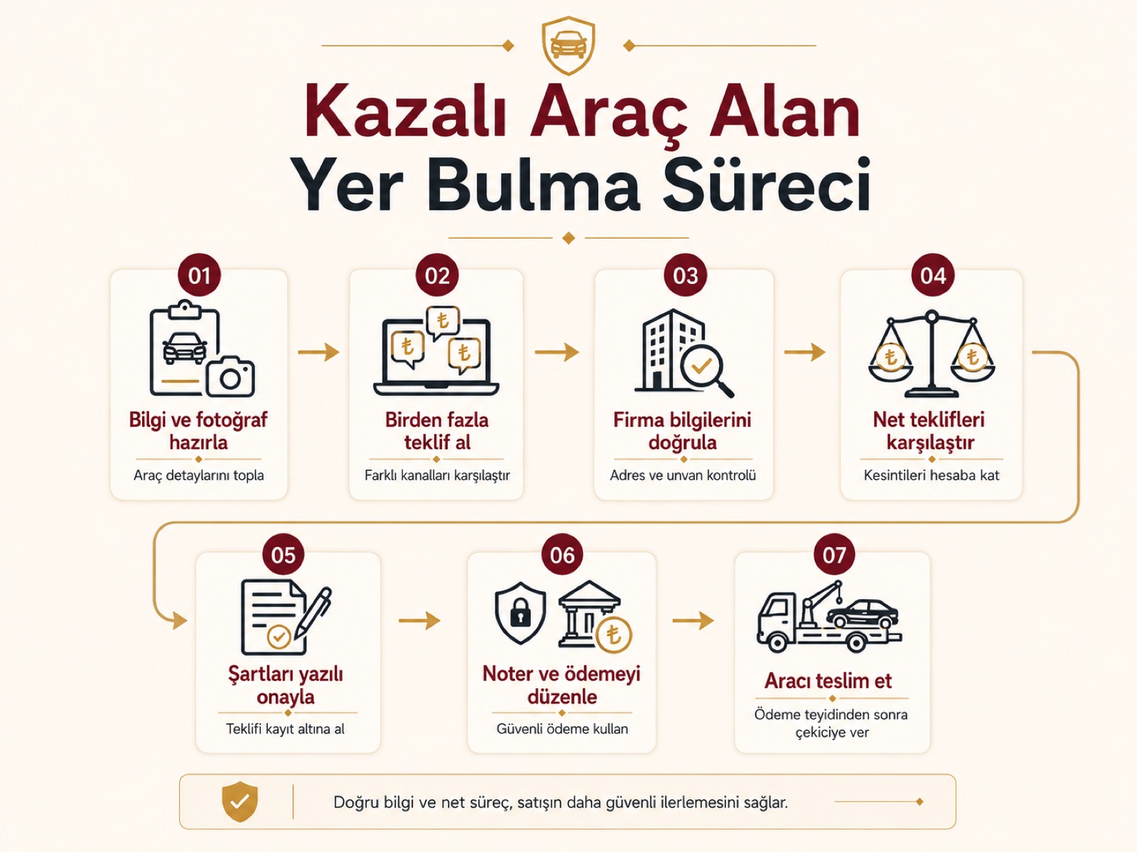 Kazalı araç alan yer bulma süreci: bilgi ve fotoğraf hazırlama, teklif toplama, firma doğrulama, net teklif karşılaştırma, yazılı onay, noter ve güvenli ödeme, aracın teslimi