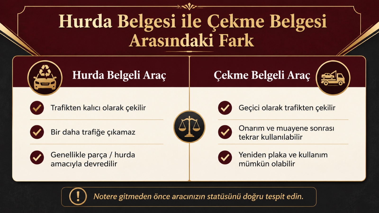 Hurda belgesi ile çekme belgesi arasındaki fark: hurda belgeli araç trafikten kalıcı çekilir, çekme belgeli araç onarım ve muayene sonrası tekrar kullanılabilir