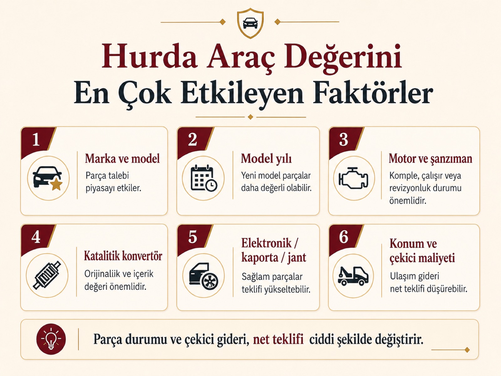 Hurda araç değerini en çok etkileyen faktörler: marka ve model, model yılı, motor ve şanzıman, katalitik konvertör, elektronik/kaporta/jant, konum ve çekici maliyeti