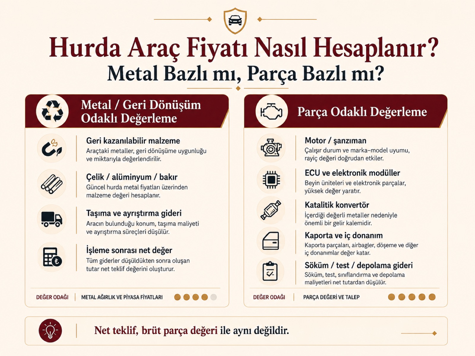 Hurda araç fiyatı nasıl hesaplanır? Metal/geri dönüşüm odaklı değerleme ile parça odaklı değerleme karşılaştırması
