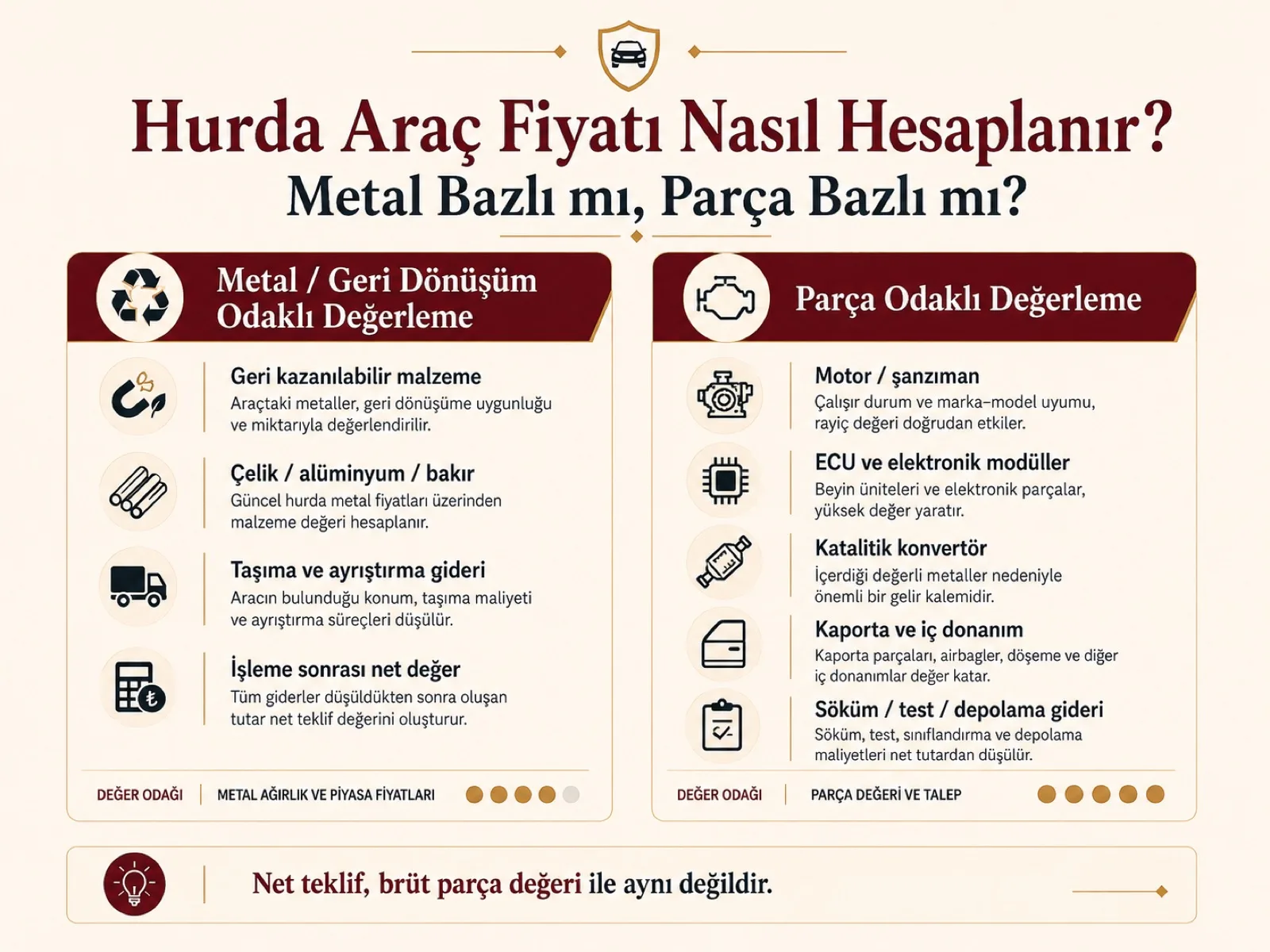 Hurda aracın parça ve metal değerine göre fiyatlandırılmasını gösteren infografik