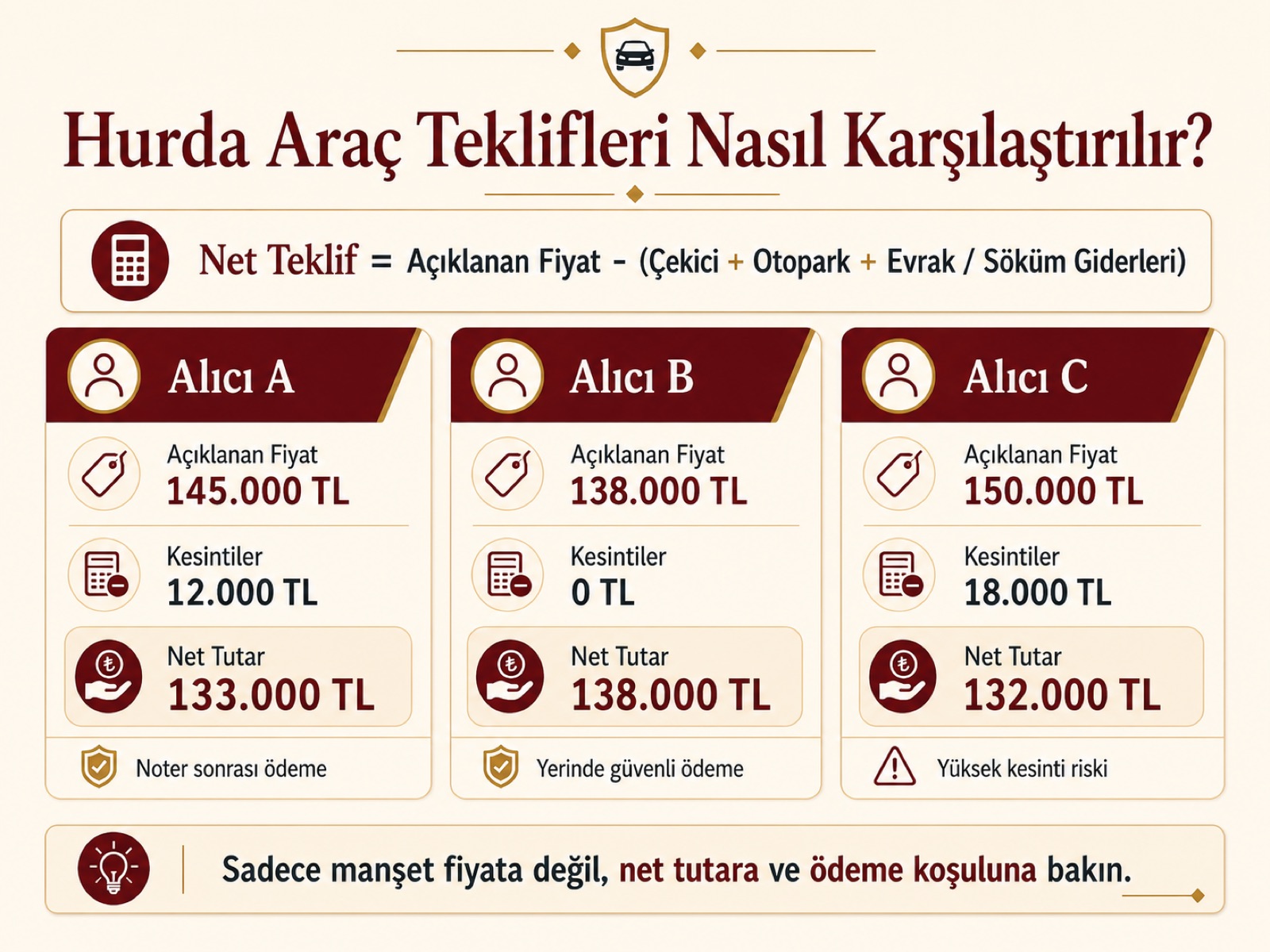 Hurda araç teklifleri nasıl karşılaştırılır? Açıklanan fiyat, kesintiler ve net tutar üzerinden üç alıcının karşılaştırması