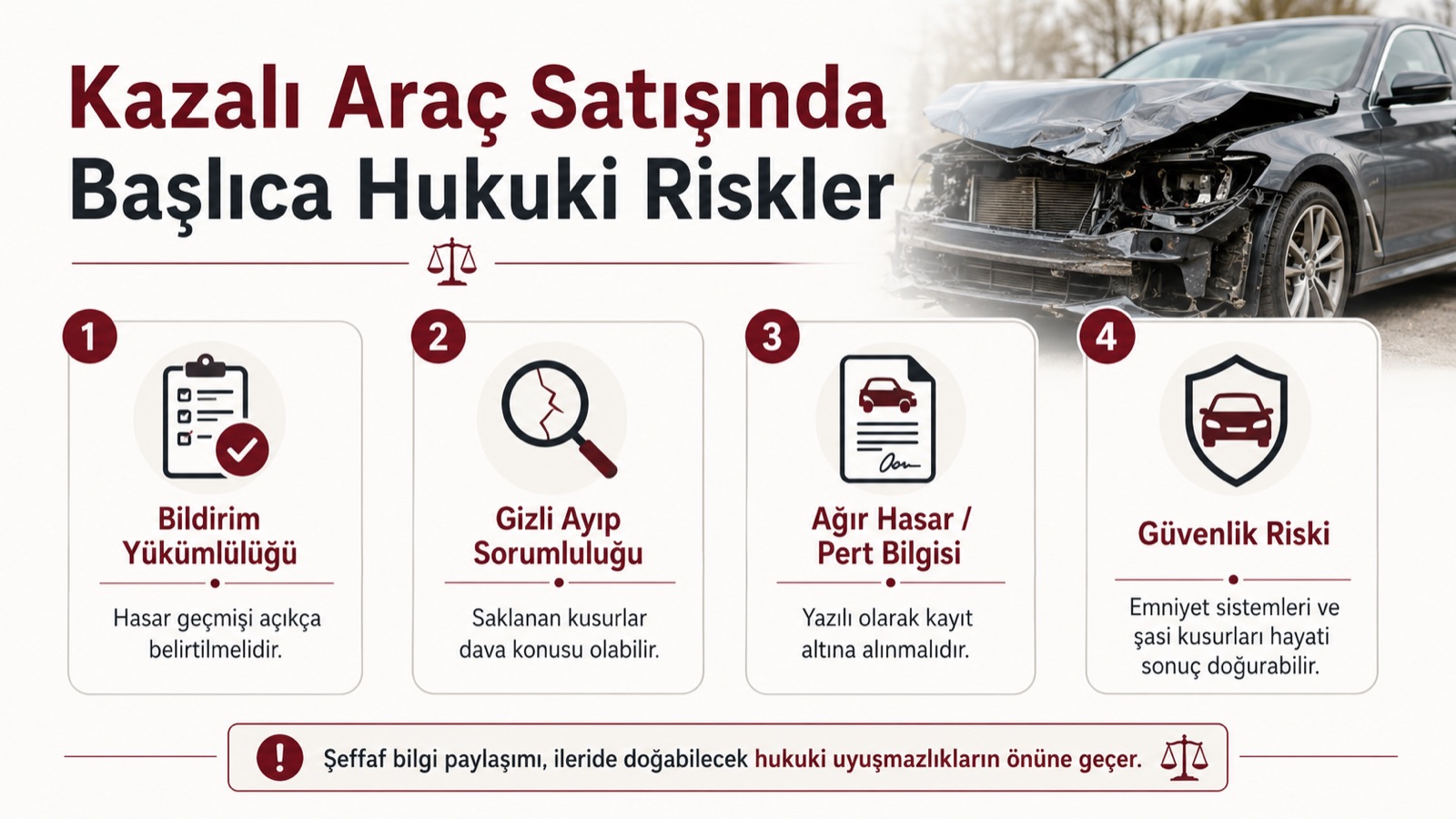 Kazalı araç satışında başlıca hukuki riskler: bildirim yükümlülüğü, gizli ayıp sorumluluğu, ağır hasar/pert bilgisi ve güvenlik riski