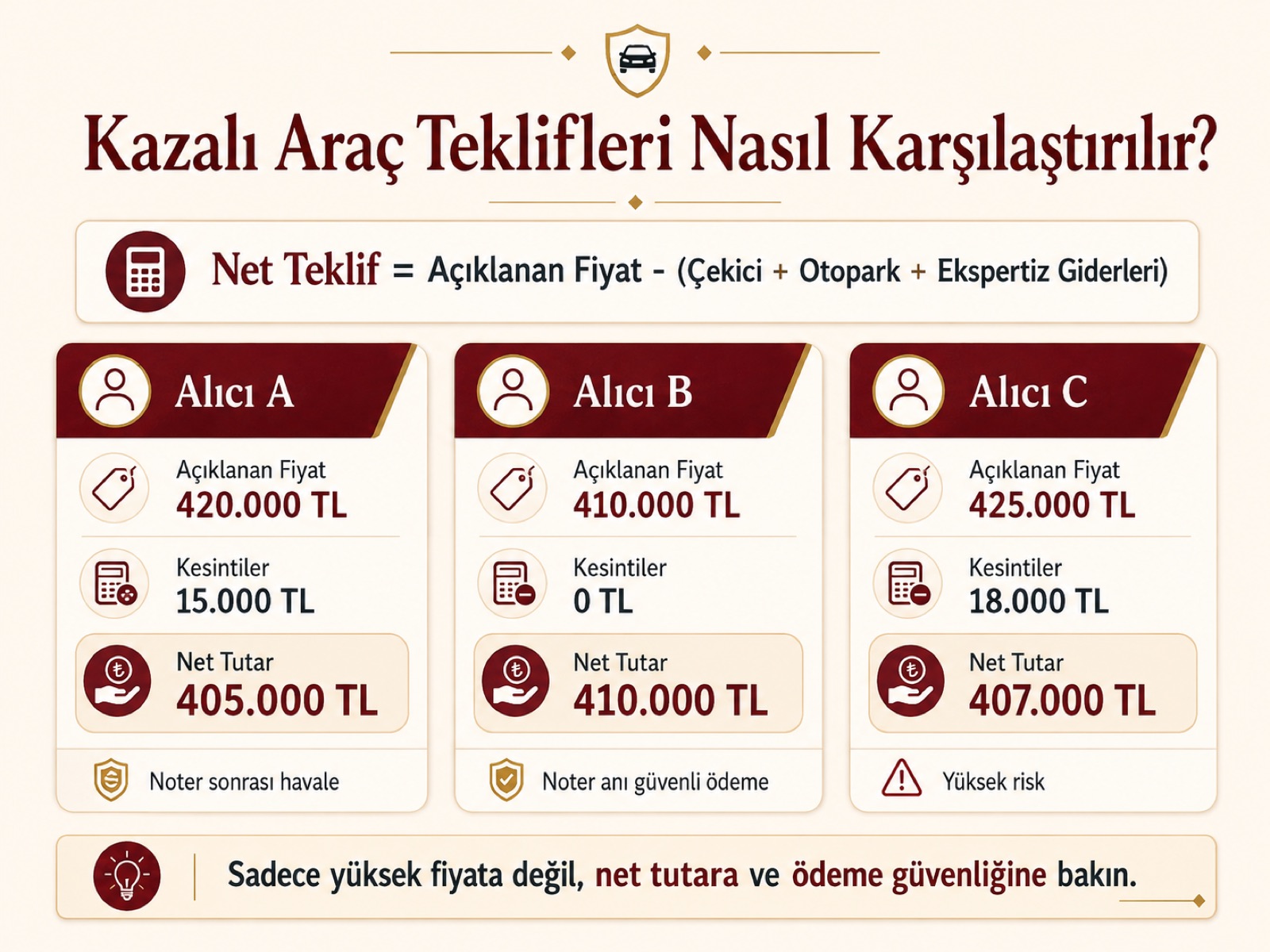 Kazalı araç teklifleri nasıl karşılaştırılır? Üç alıcının açıklanan fiyat, kesinti ve net tutar karşılaştırması — yalnızca yüksek fiyata değil net tutara ve ödeme güvenliğine bakın