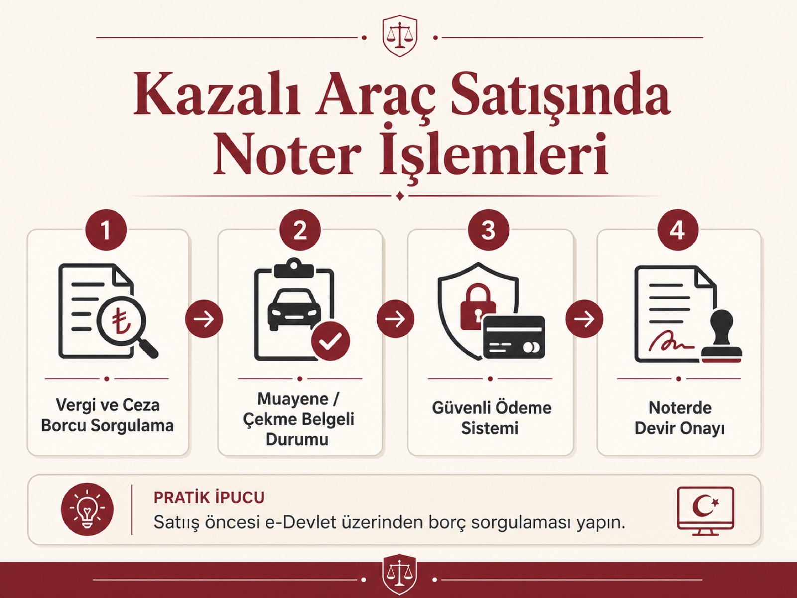 Kazalı araç satışında noter işlemleri adımları: borç sorgulama, muayene durumu, güvenli ödeme sistemi ve noterde devir onayı