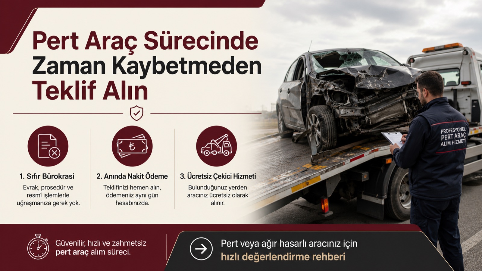 Pert araç sürecinde zaman kaybetmeden teklif alın: sıfır bürokrasi, hızlı ödeme, ücretsiz çekici hizmeti